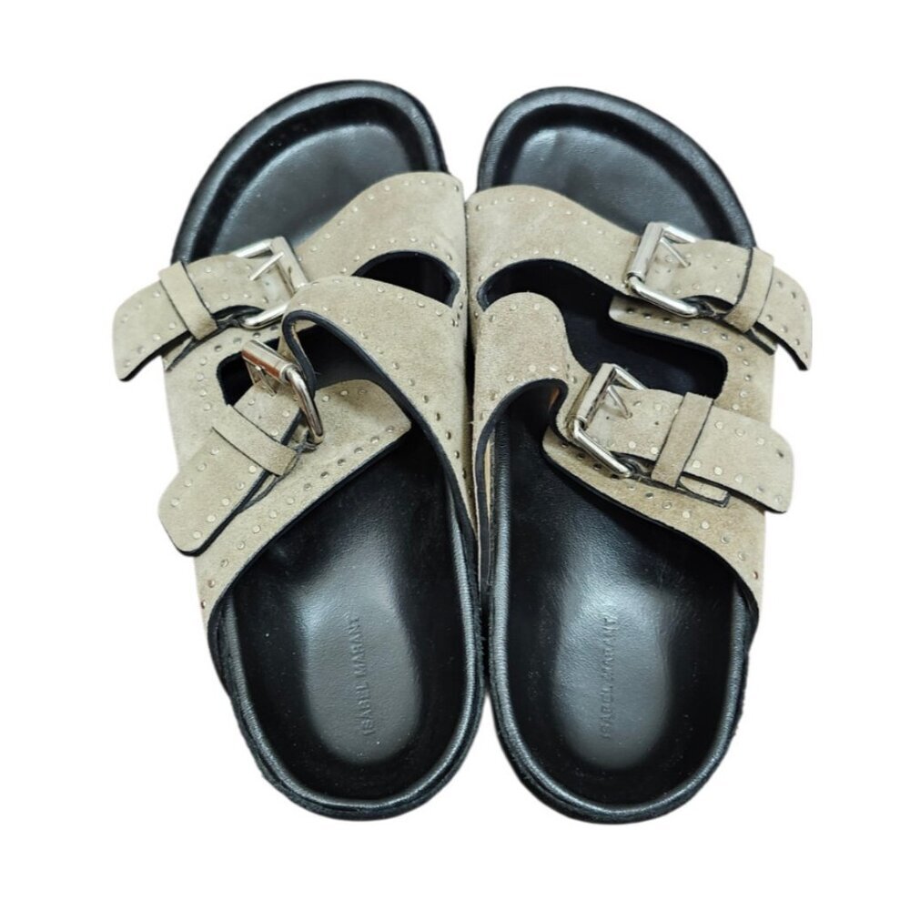 Isabel Marant Suede Studded Slide Sandals Double Buckle Taupe EU 36 - Picture 7 of 15
